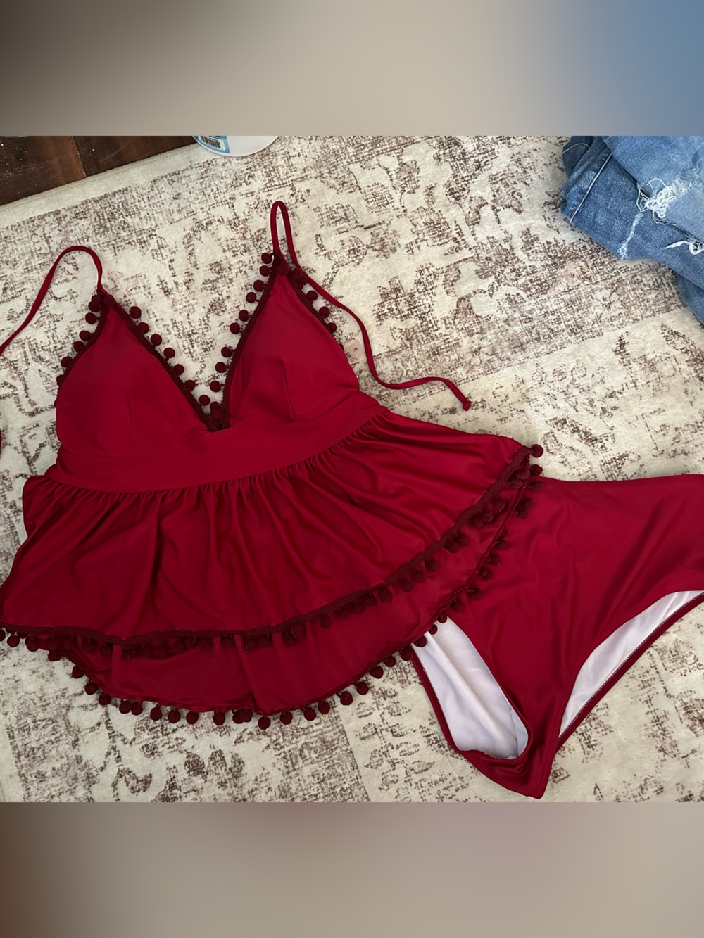 SHEIN Burgundy Pom-Pom Trim Peplum Bikini Set